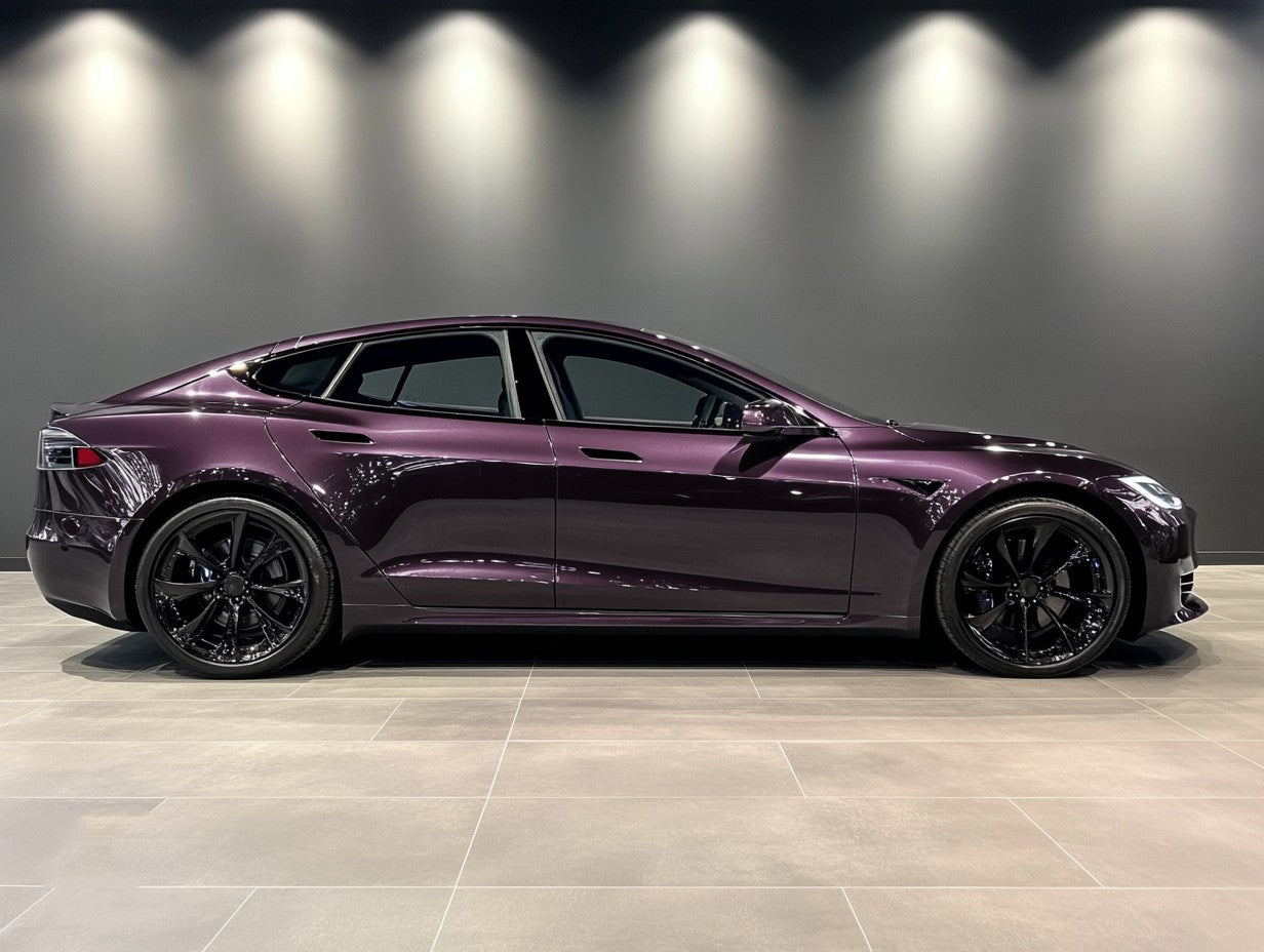 A sports car with Leblon Violet Metallic paint protection film colored wrap is parking in the garage