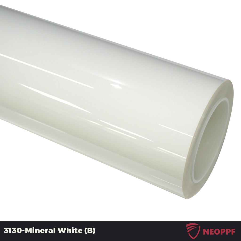 A sports car with Mineral White paint protection film colored wrap is parking in the garage