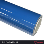 A sports car with Flowing Blue paint protection film colored wrap is parking in the garage