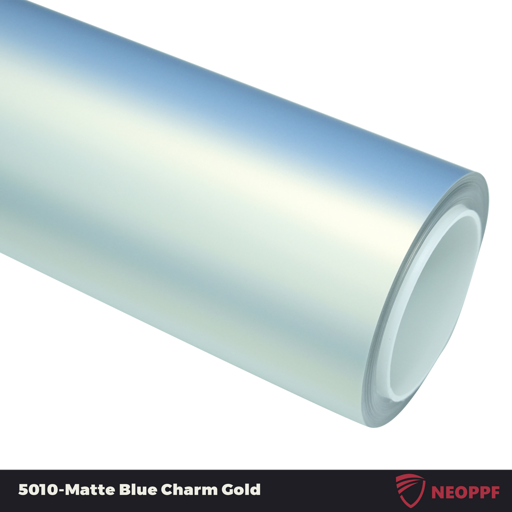 A sports car with Matte Blue Charm Gold paint protection film colored wrap is parking in the garage