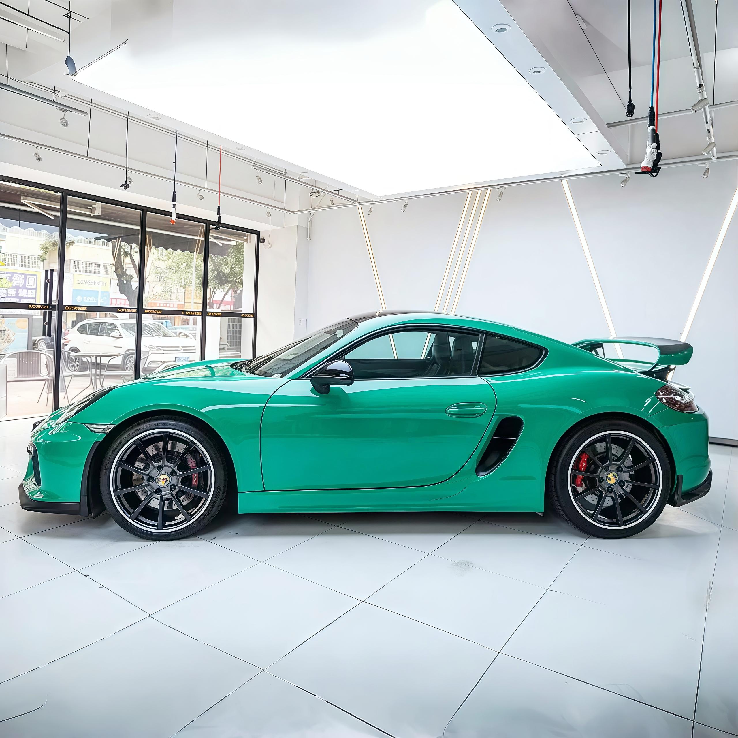 A sports car with Retro Green paint protection film colored wrap is parking in the garage