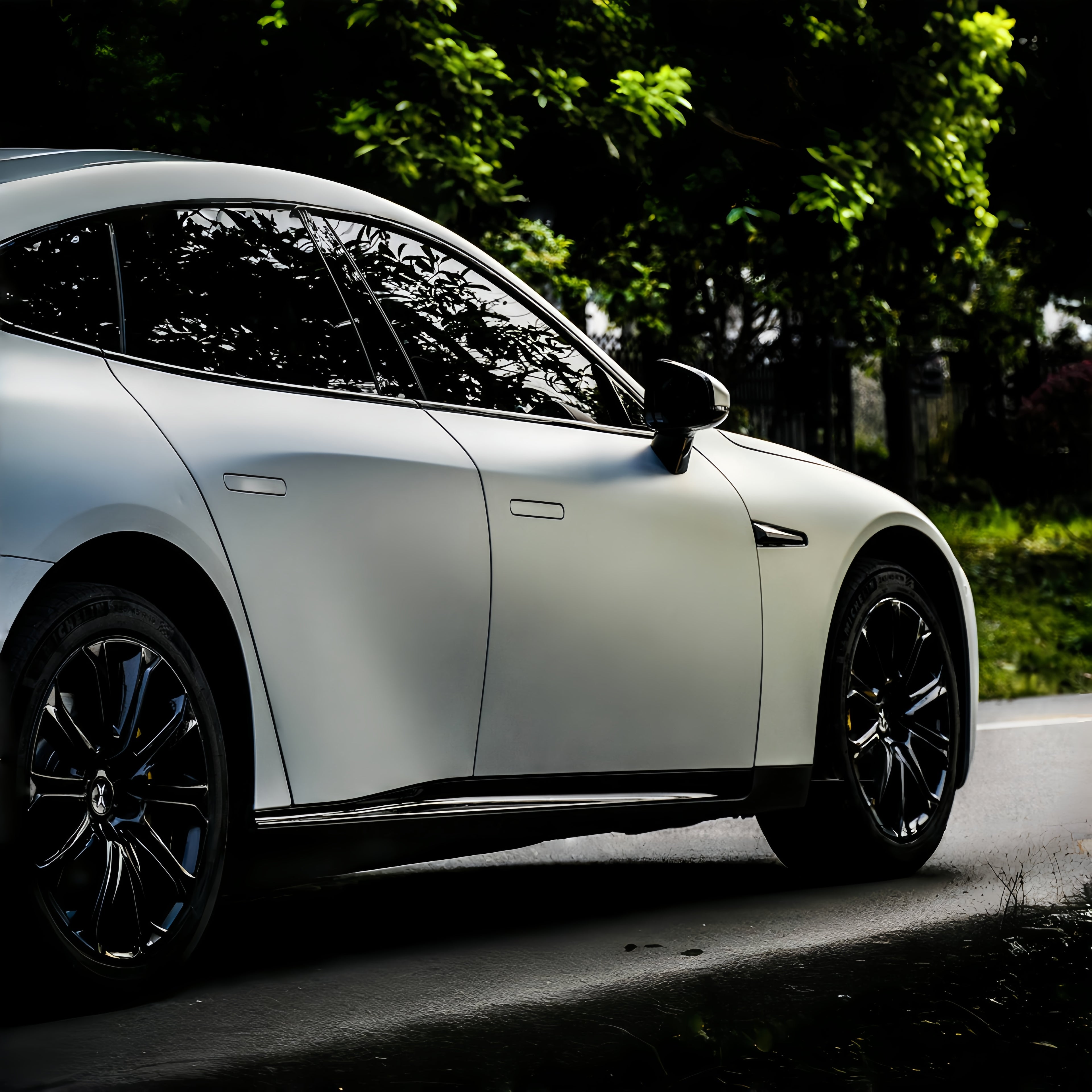 A sports car with Matte Blue Charm Gold paint protection film colored wrap is parking in the garage