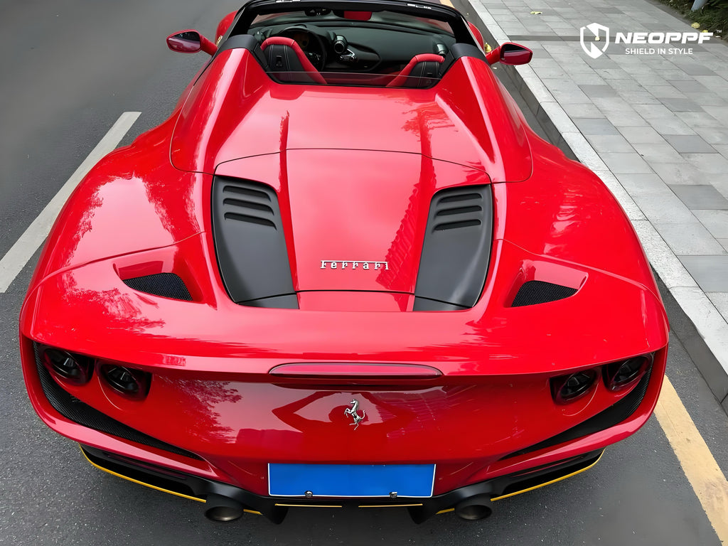 A sports car with Renovated Ferrari Red paint protection film colored wrap is parking in the garage