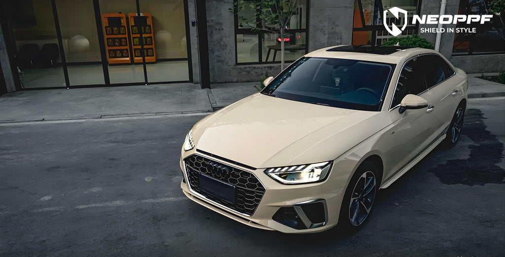 A sports car with Sahara Yellow paint protection film colored wrap is parking in the garage