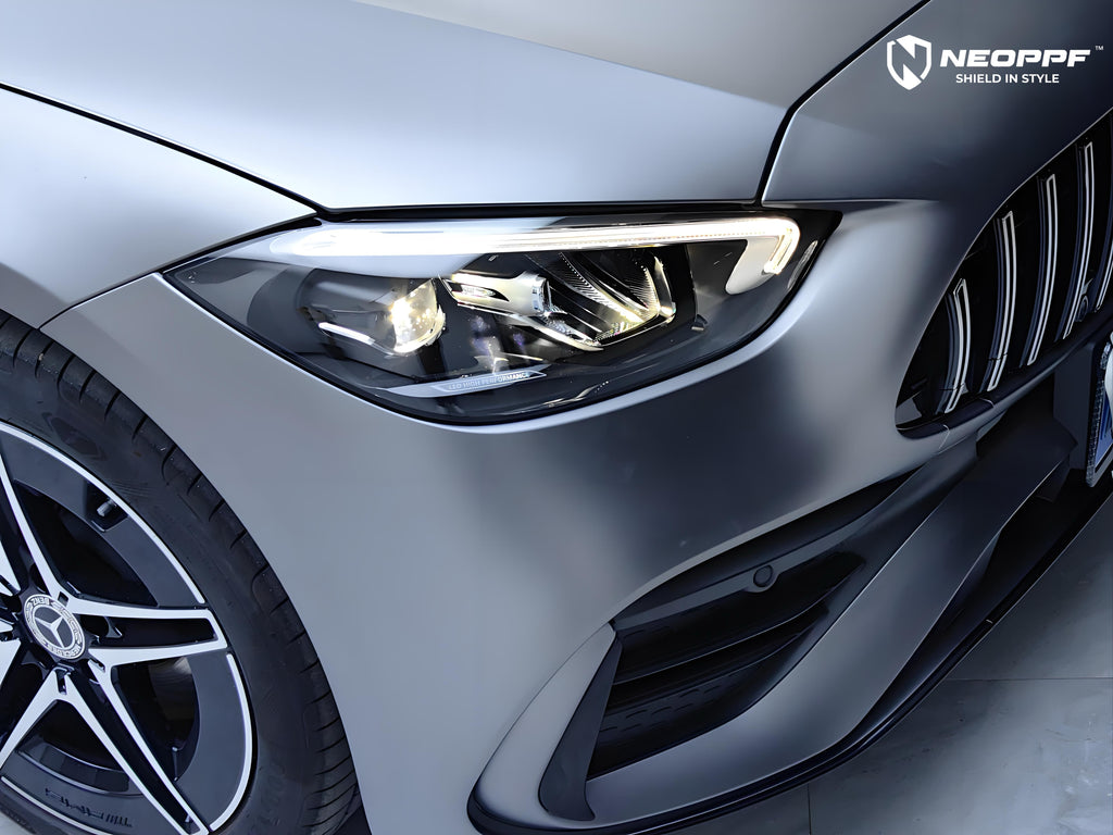 A sports car with Volcanic Gray paint protection film colored wrap is parking in the garage