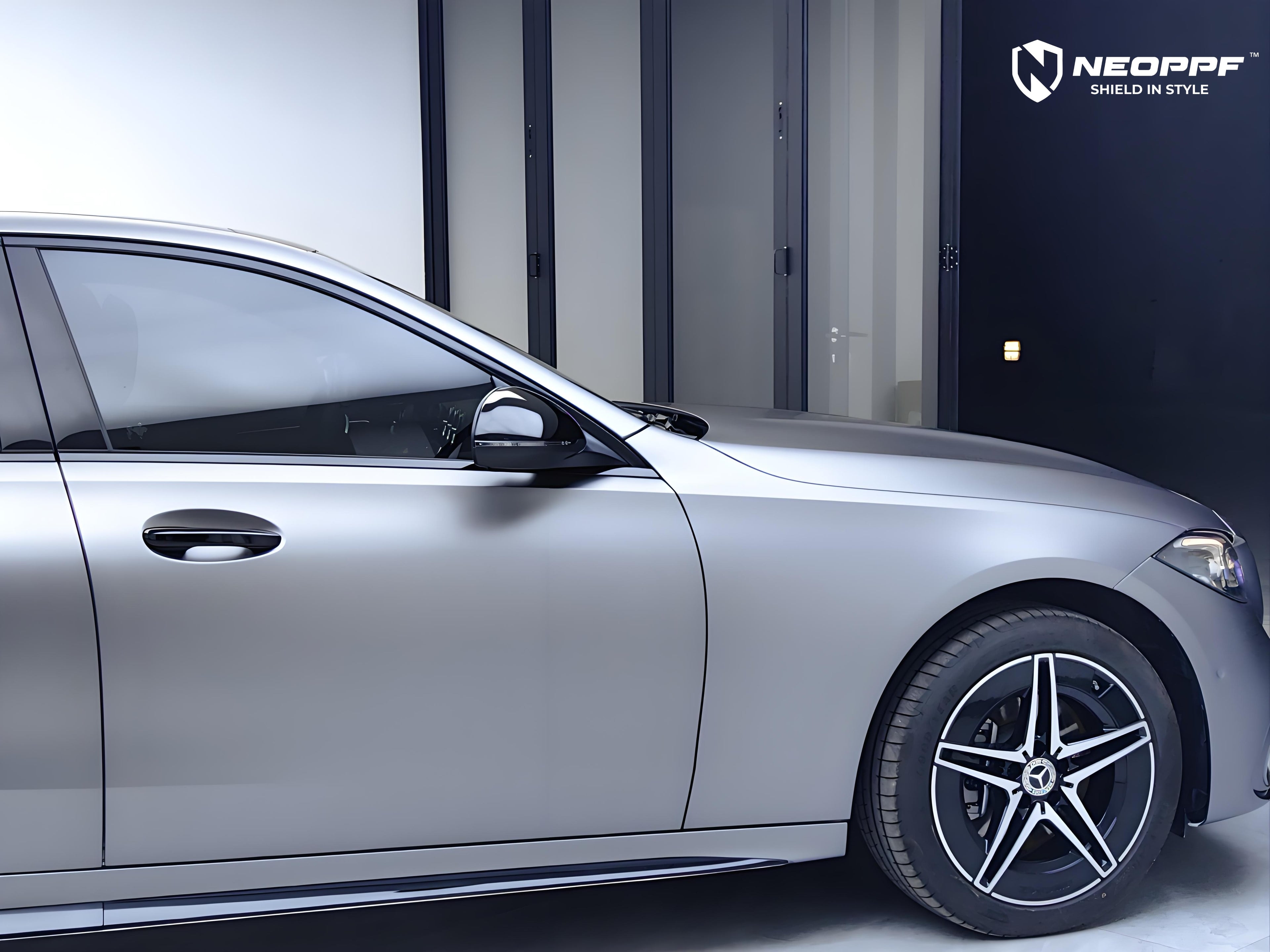 A sports car with Volcanic Gray paint protection film colored wrap is parking in the garage