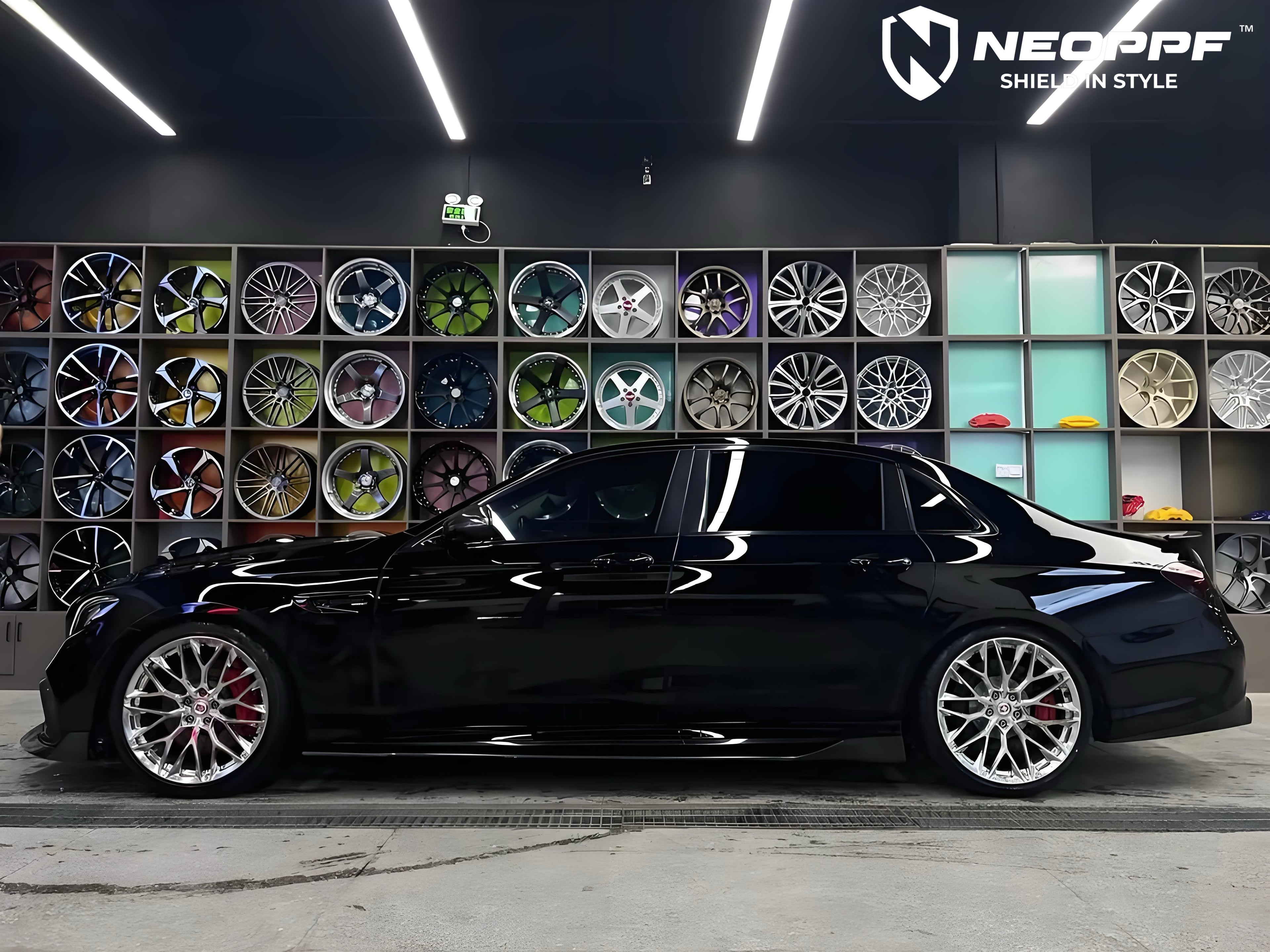 A sports car with Super Black paint protection film colored wrap is parking in the garage