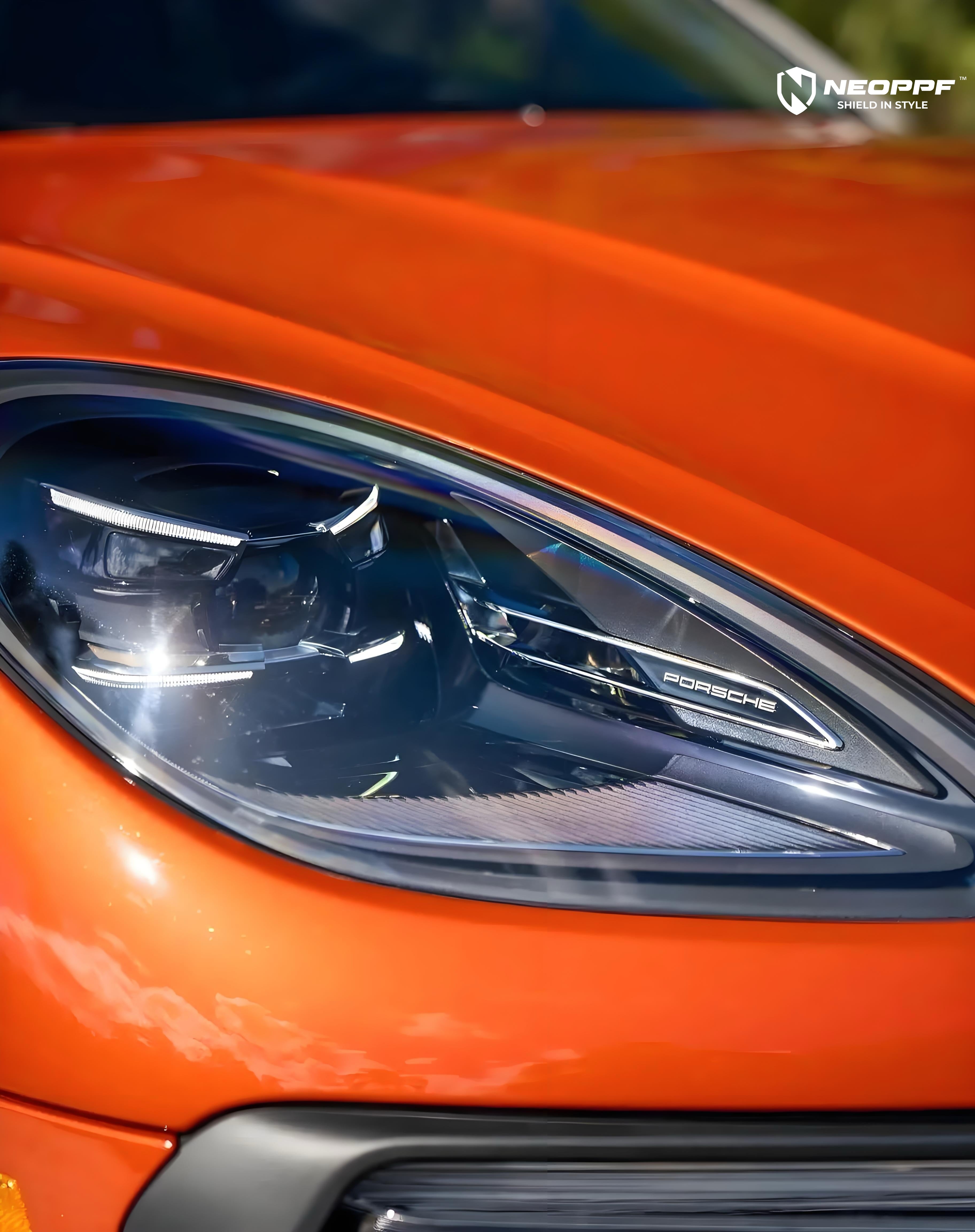 A sports car with Papaiya Orange paint protection film colored wrap is parking in the garage
