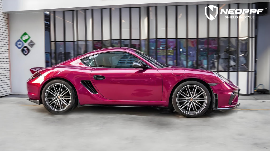 A sports car with Glazed Tata Red paint protection film colored wrap is parking in the garage