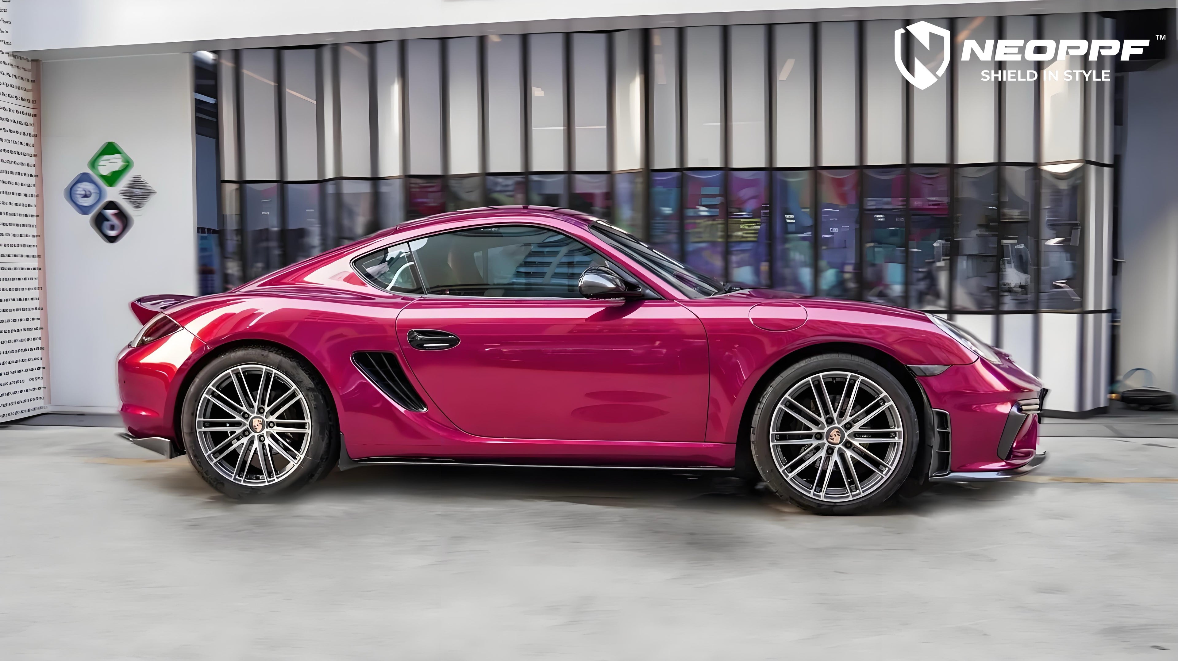 A sports car with Glazed Tata Red paint protection film colored wrap is parking in the garage