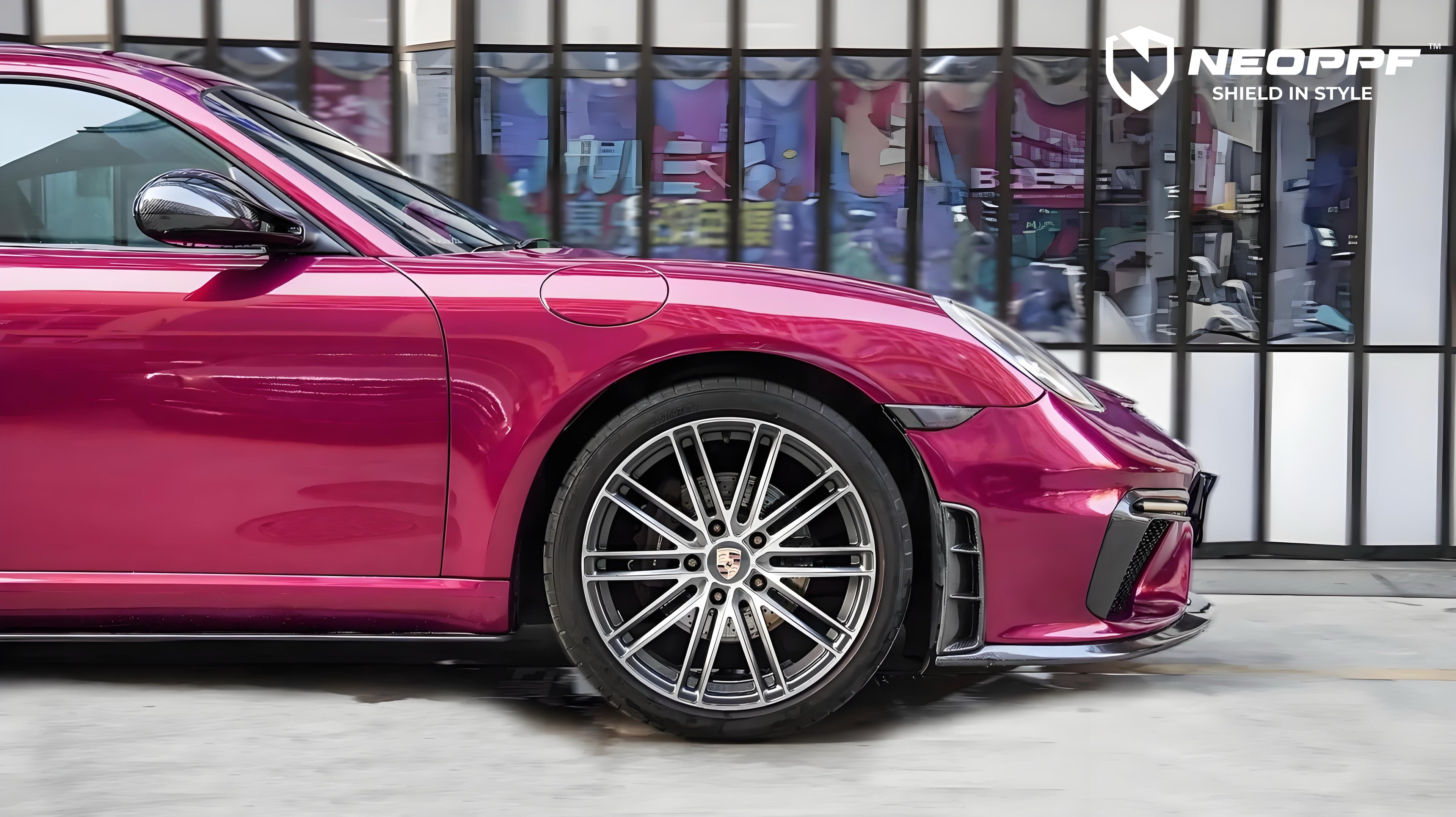A sports car with Glazed Tata Red paint protection film colored wrap is parking in the garage