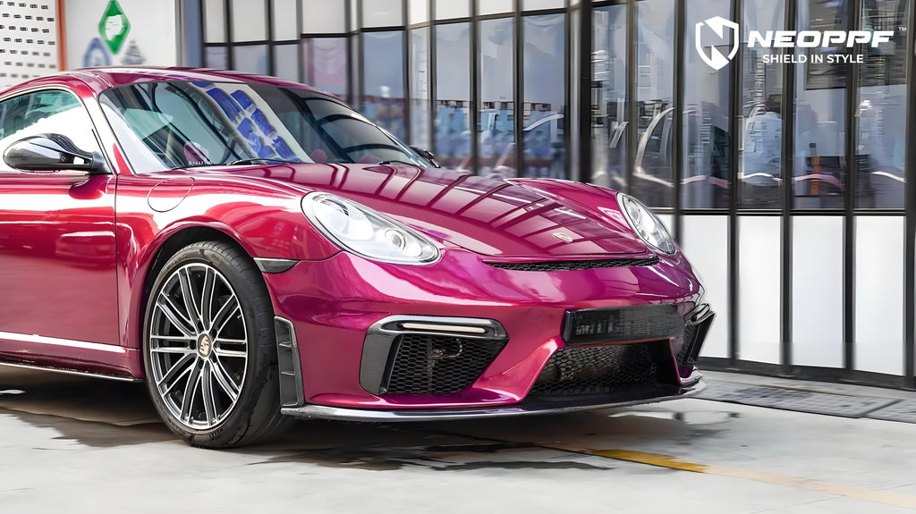A sports car with Glazed Tata Red paint protection film colored wrap is parking in the garage