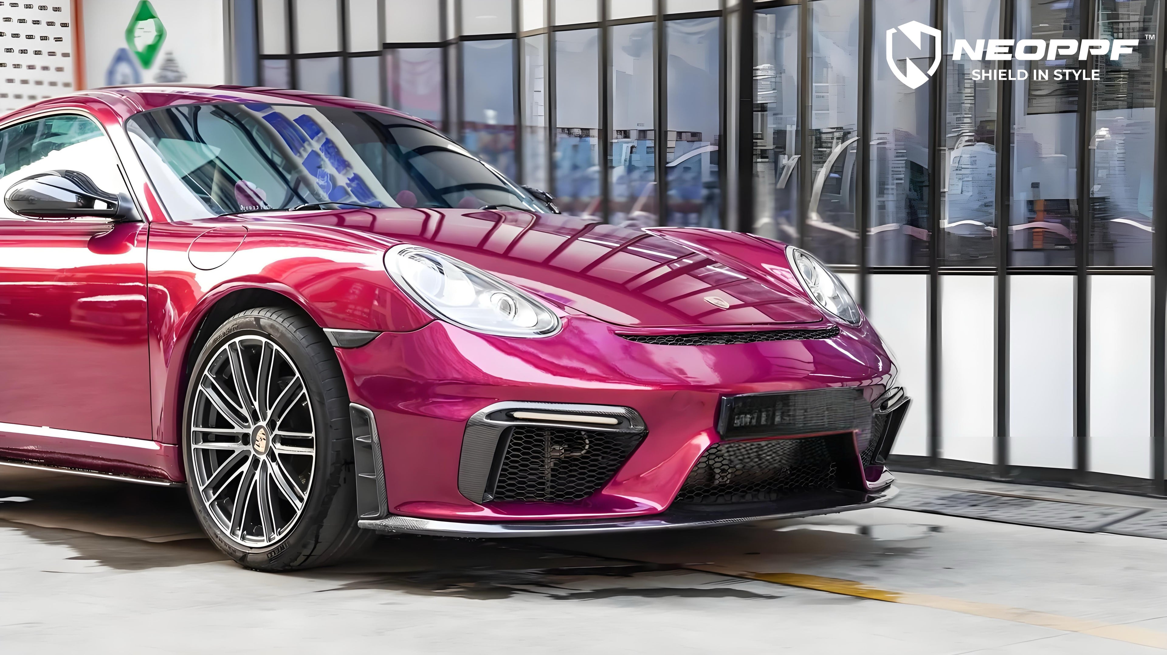 A sports car with Glazed Tata Red paint protection film colored wrap is parking in the garage