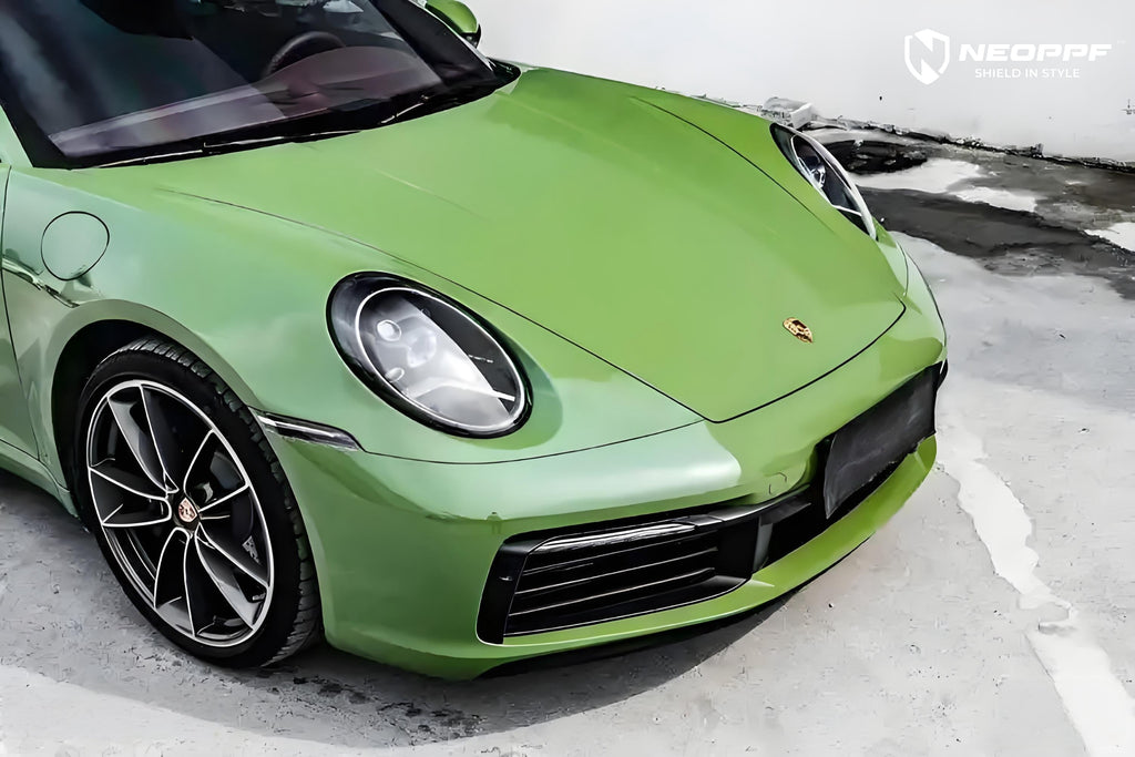 A sports car with Olive Green paint protection film colored wrap is parking in the garage