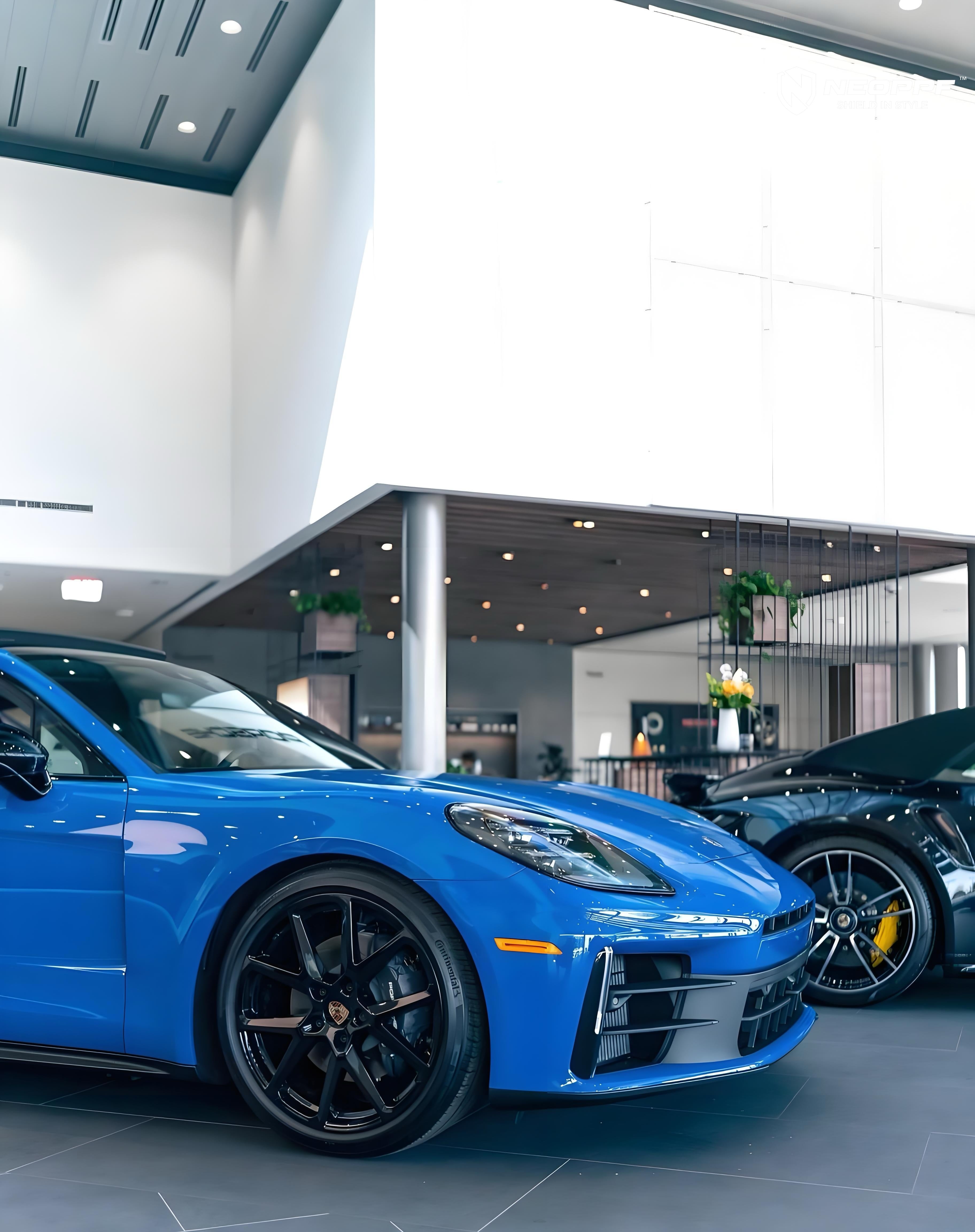A sports car with Lugano Blue paint protection film colored wrap is parking in the garage
