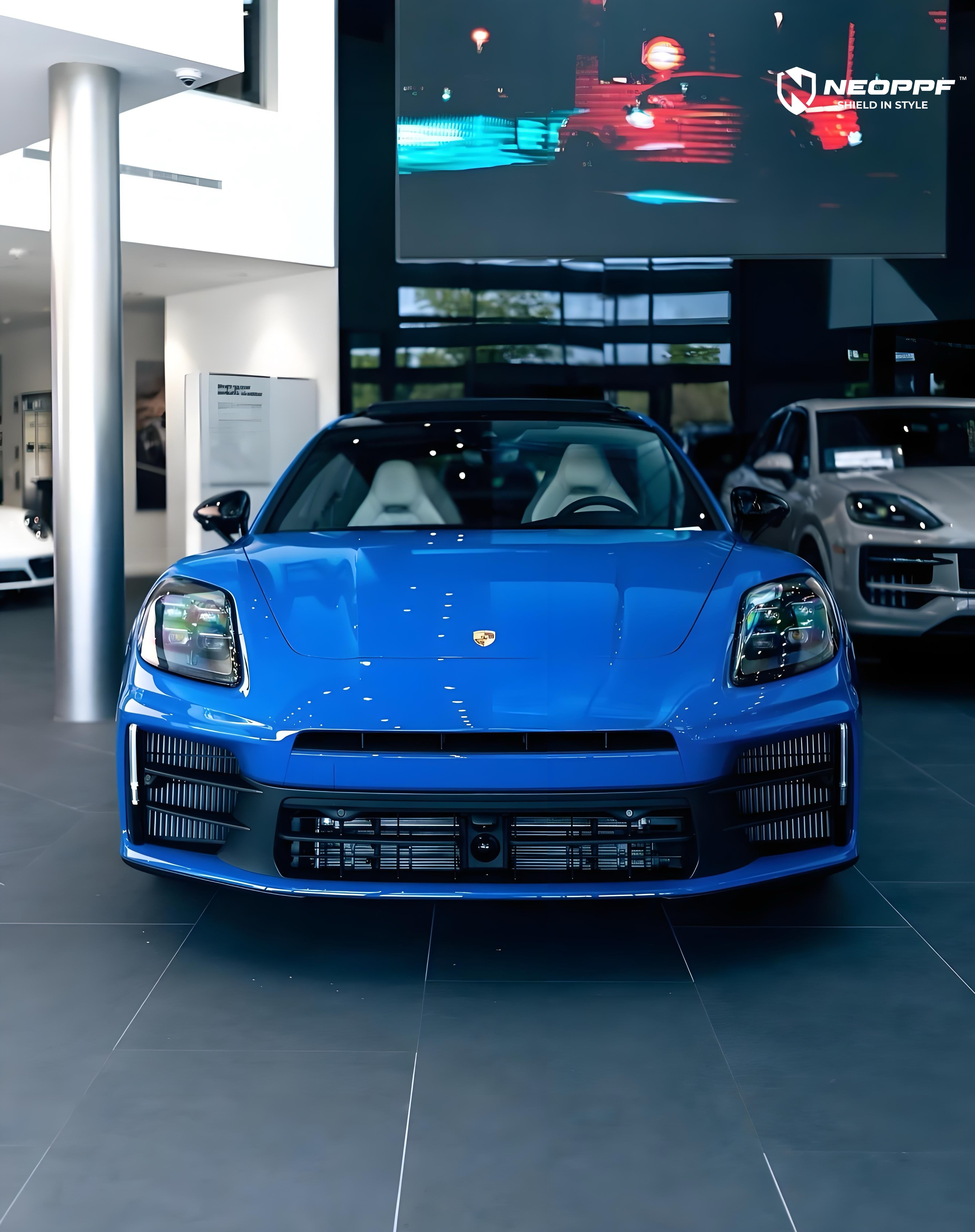 A sports car with Lugano Blue paint protection film colored wrap is parking in the garage