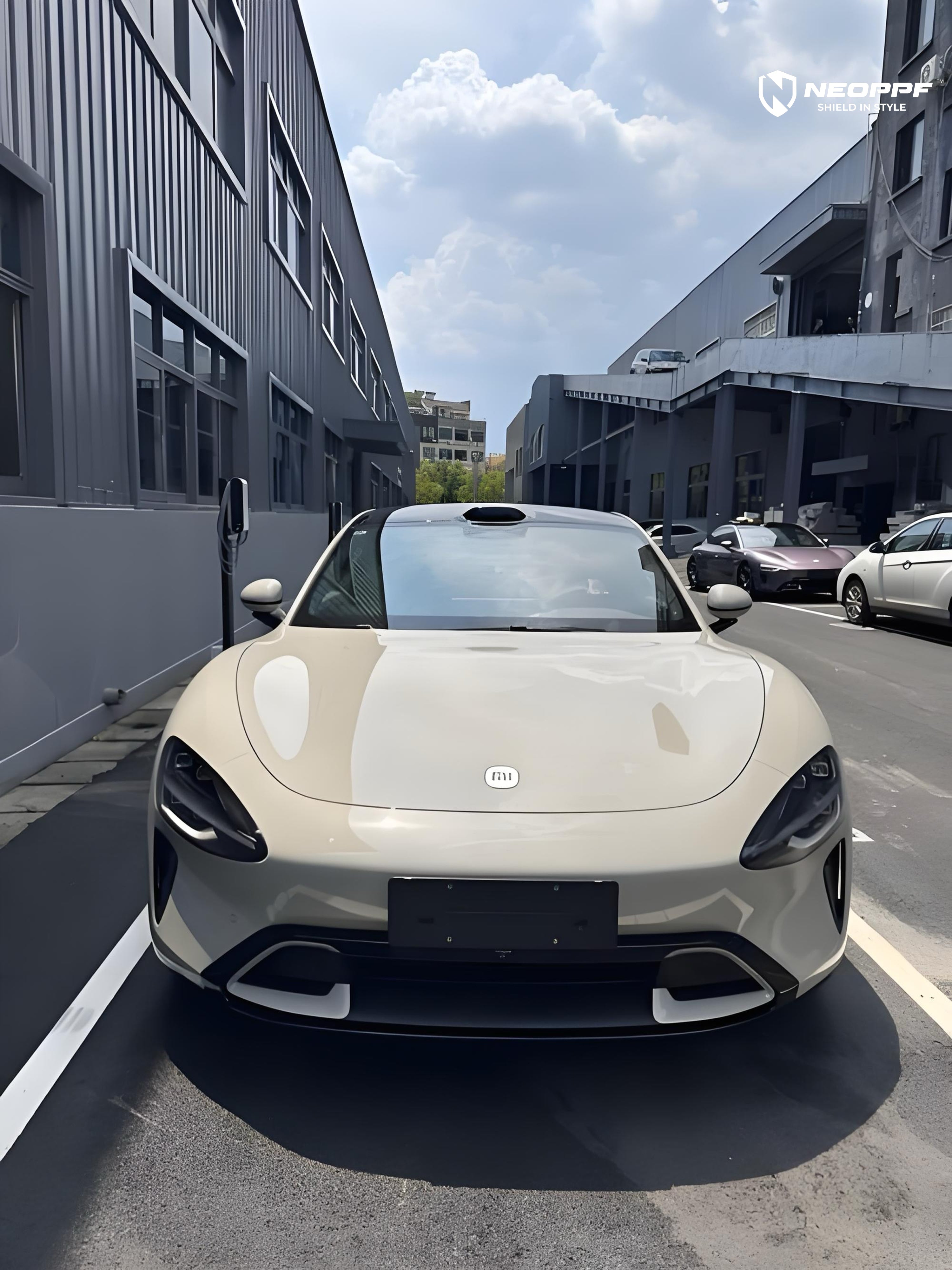 A sports car with Elegant Gray paint protection film colored wrap is parking in the garage