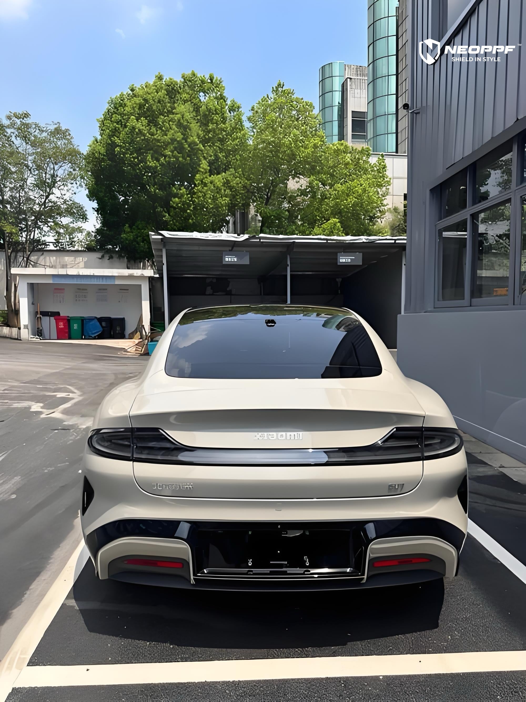 A sports car with Elegant Gray paint protection film colored wrap is parking in the garage