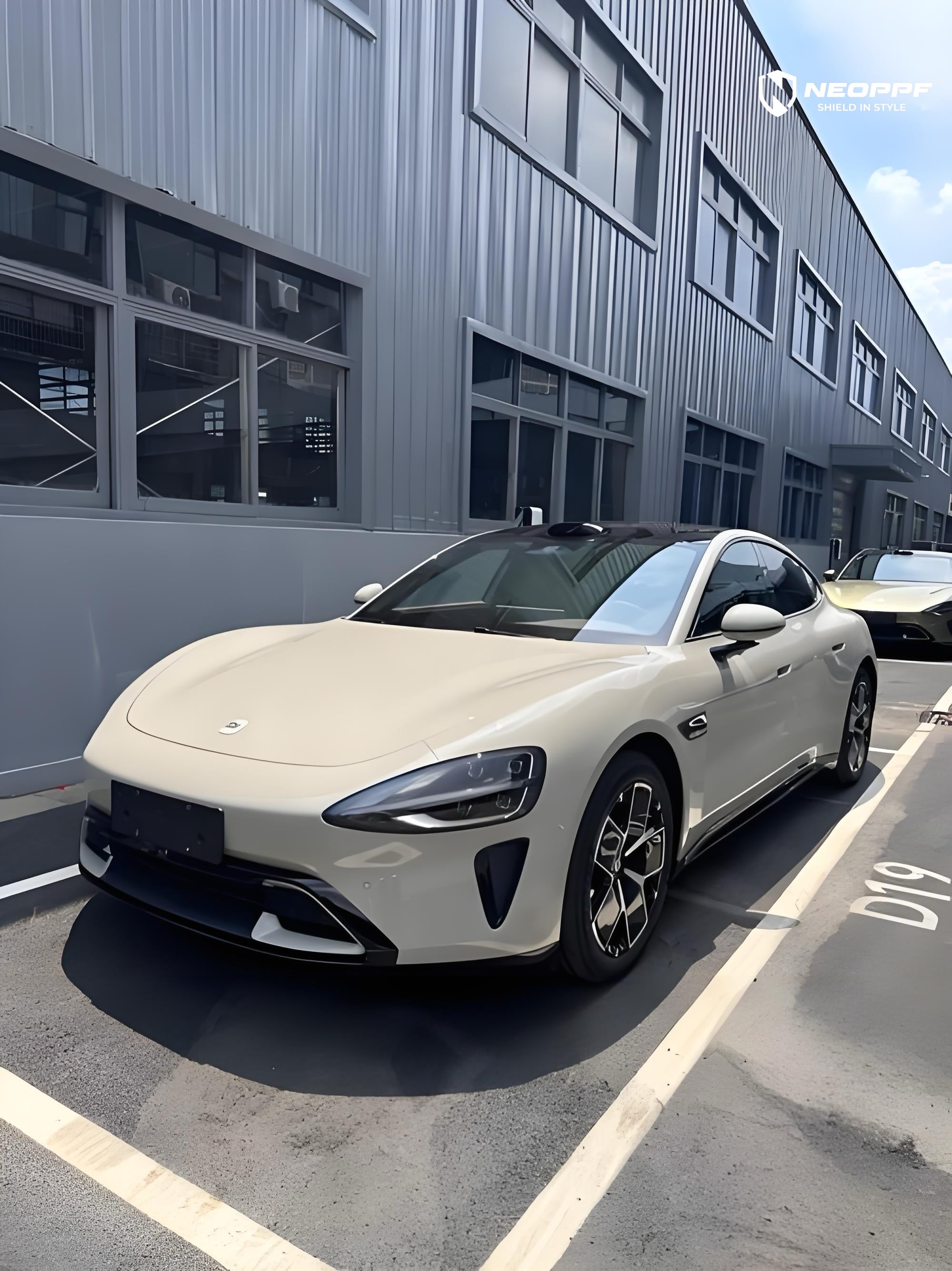 A sports car with Elegant Gray paint protection film colored wrap is parking in the garage