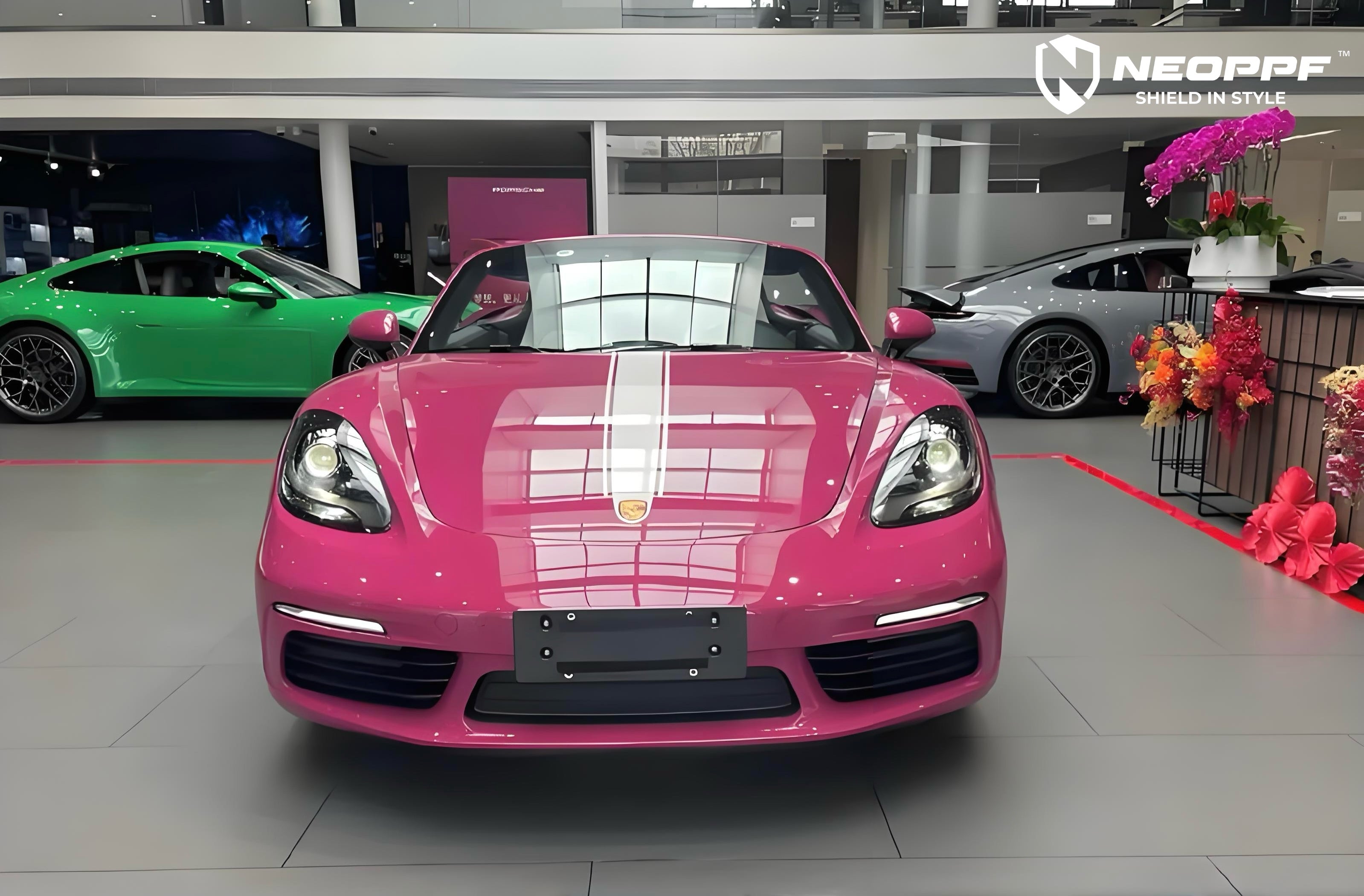 A sports car with Starlight Ruby Red paint protection film colored wrap is parking in the garage