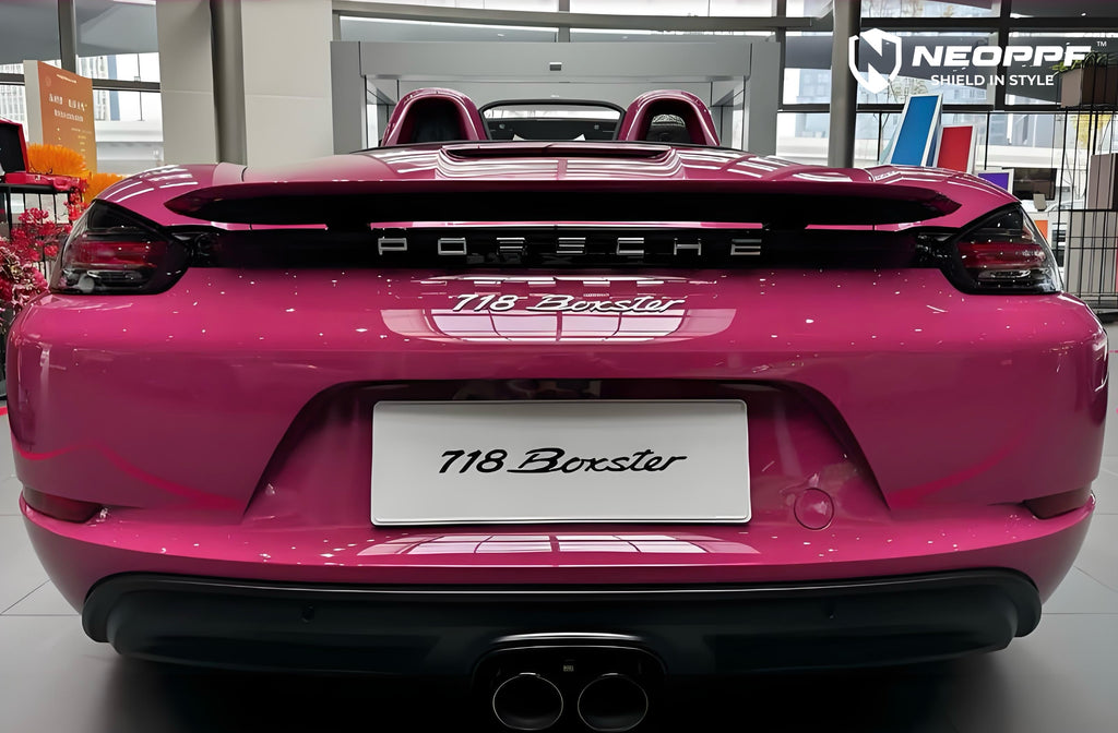 A sports car with Starlight Ruby Red paint protection film colored wrap is parking in the garage