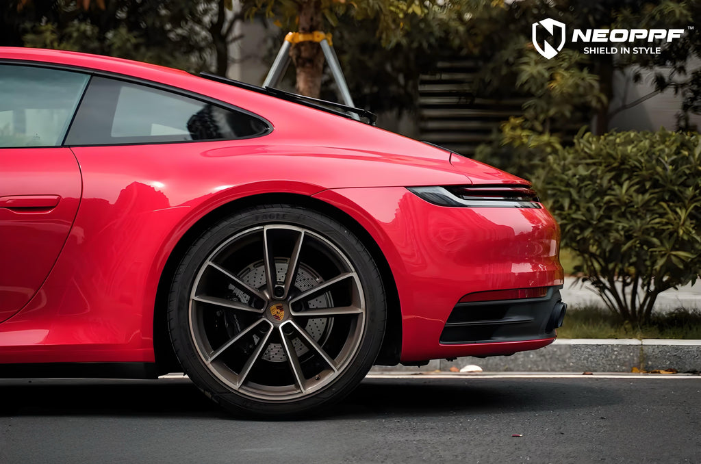 A sports car with Strawberry Red paint protection film colored wrap is parking in the garage