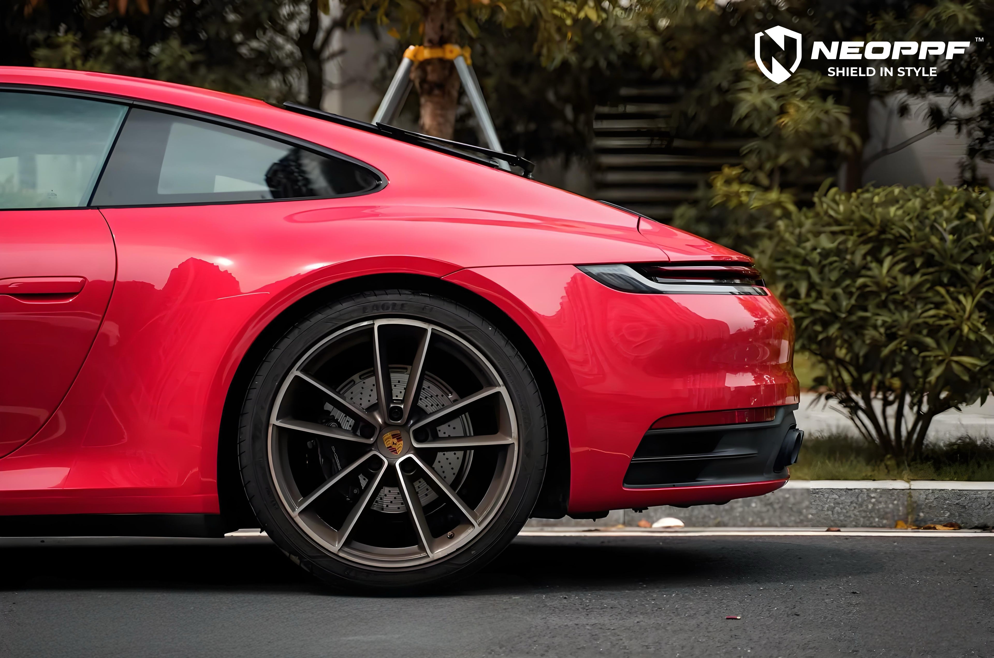 A sports car with Strawberry Red paint protection film colored wrap is parking in the garage