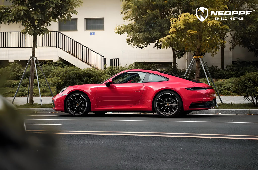A sports car with Strawberry Red paint protection film colored wrap is parking in the garage