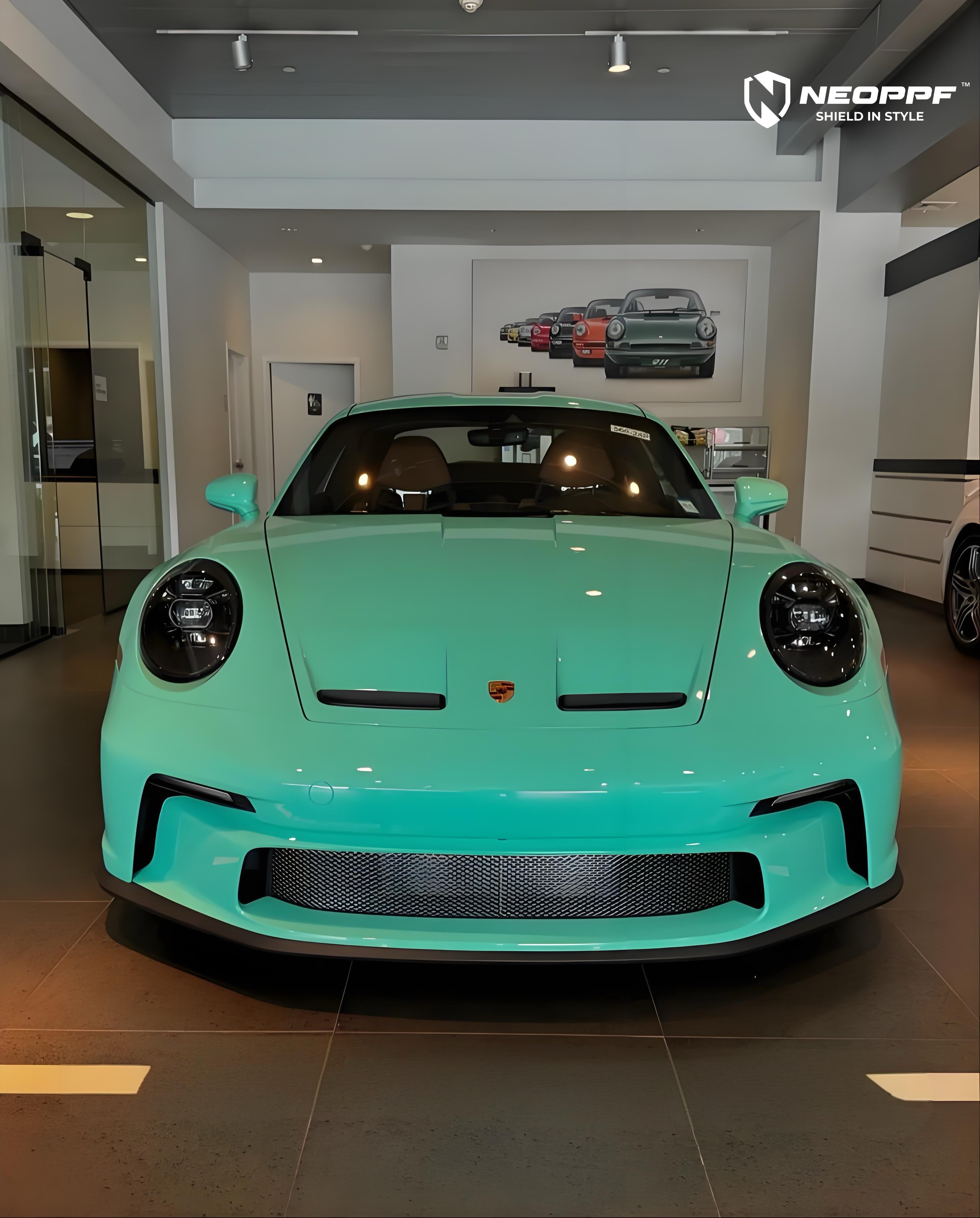 A sports car with Mint Green paint protection film colored wrap is parking in the garage