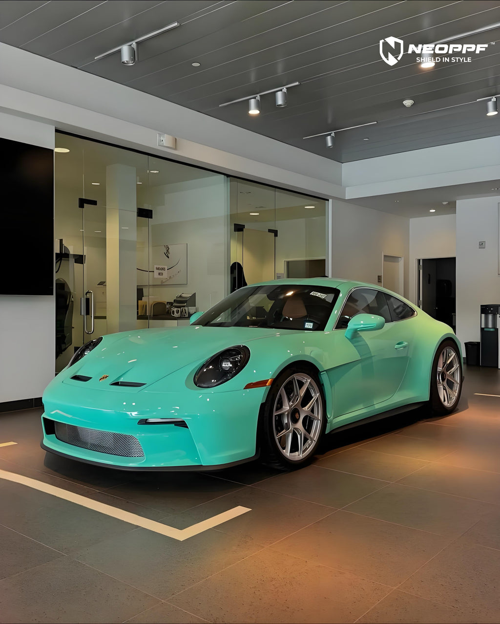 A sports car with Mint Green paint protection film colored wrap is parking in the garage