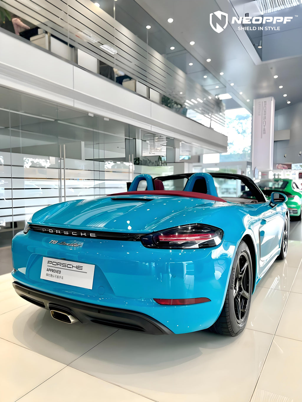 A sports car with Miami Blue paint protection film colored wrap is parking in the garage