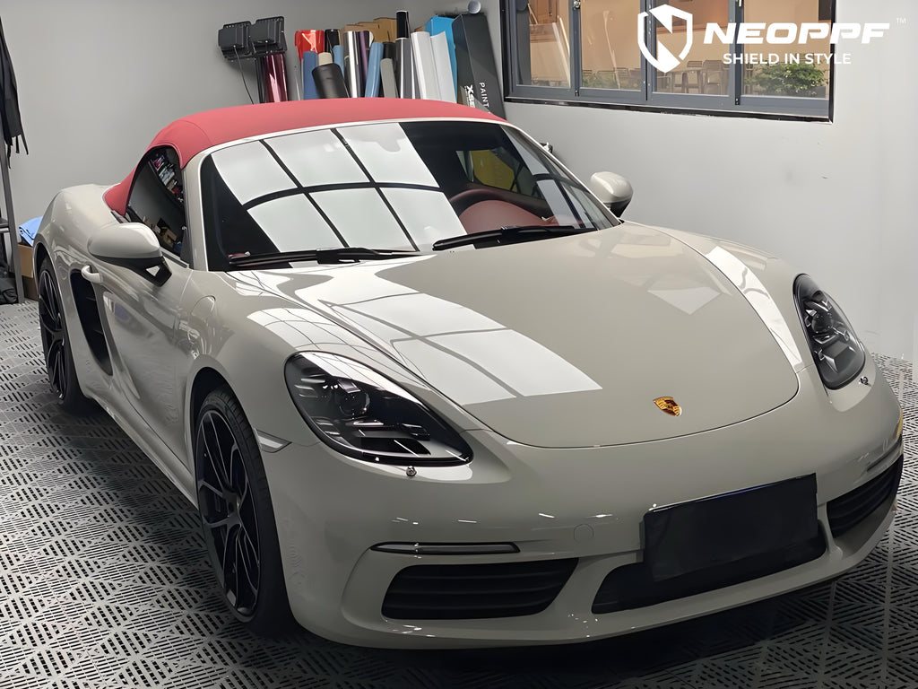 A sports car with Mystery Gray paint protection film colored wrap is parking in the garage
