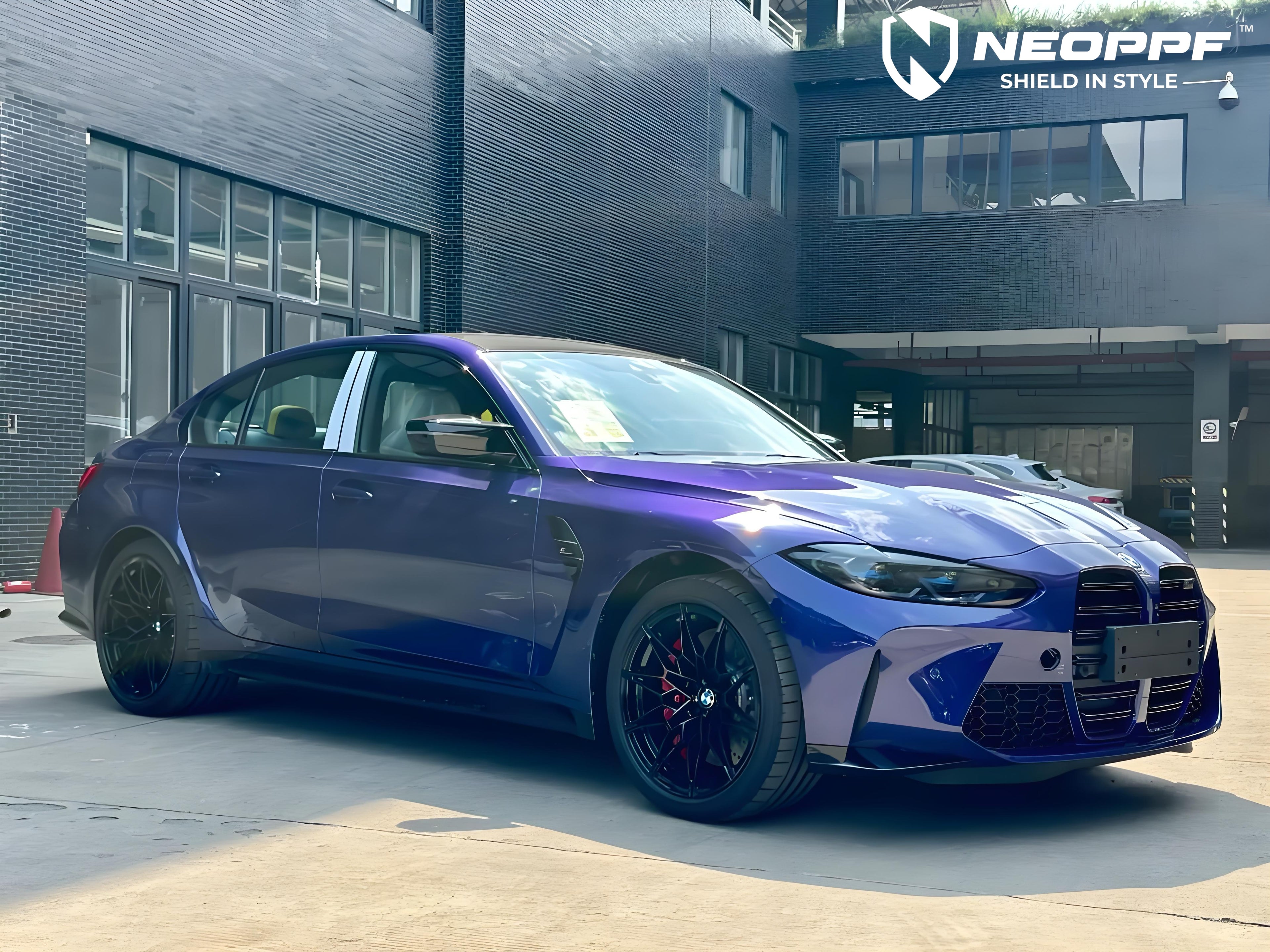 A sports car with Velvet Blue paint protection film colored wrap is parking in the garage
