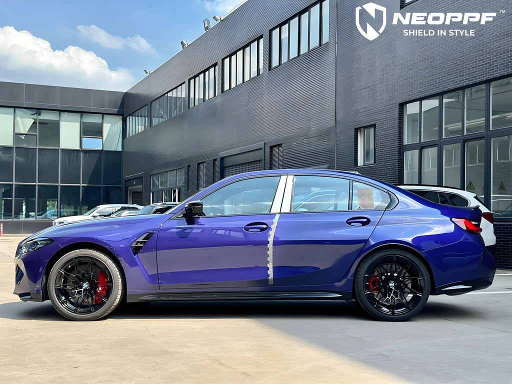 A sports car with Velvet Blue paint protection film colored wrap is parking in the garage