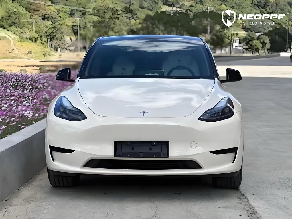 A sports car with Pepper White paint protection film colored wrap is parking in the garage