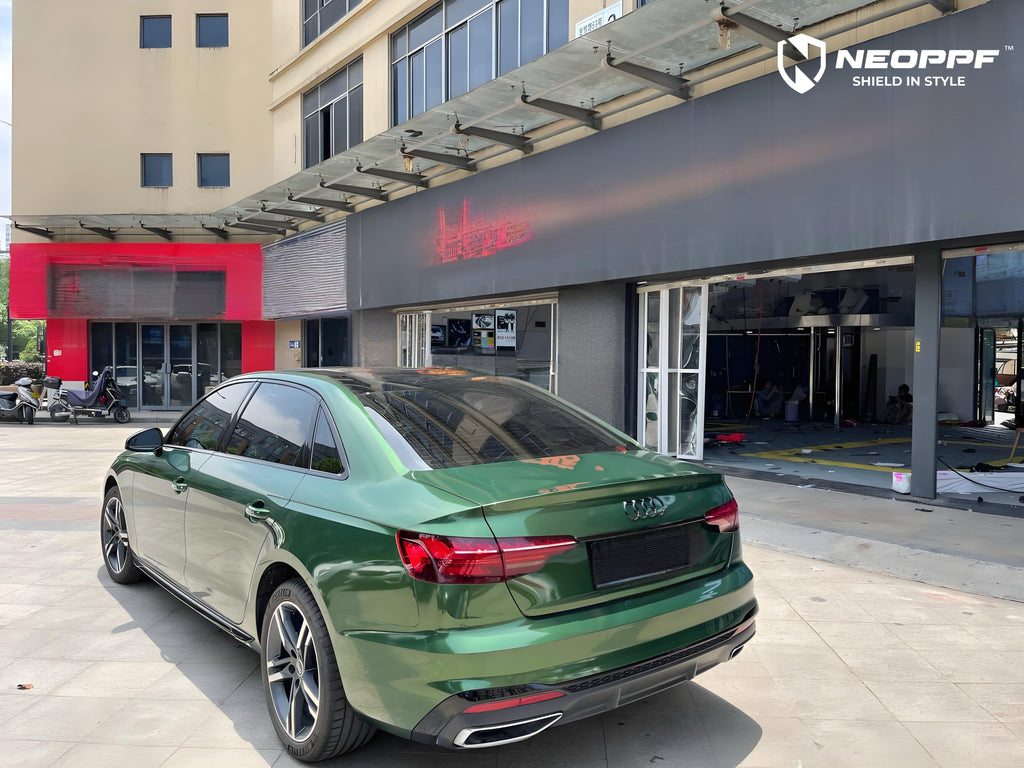 A sports car with Sonoma Green paint protection film colored wrap is parking in the garage