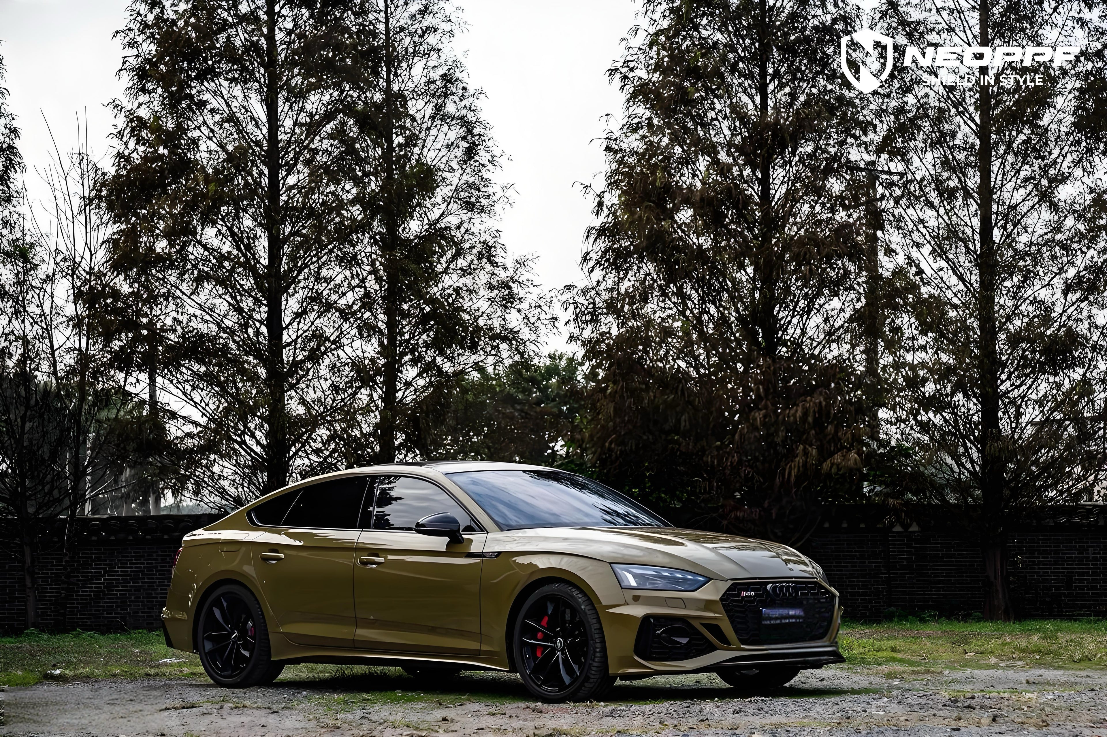 A sports car with Combat Green paint protection film colored wrap is parking in the garage