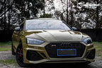 A sports car with Combat Green paint protection film colored wrap is parking in the garage