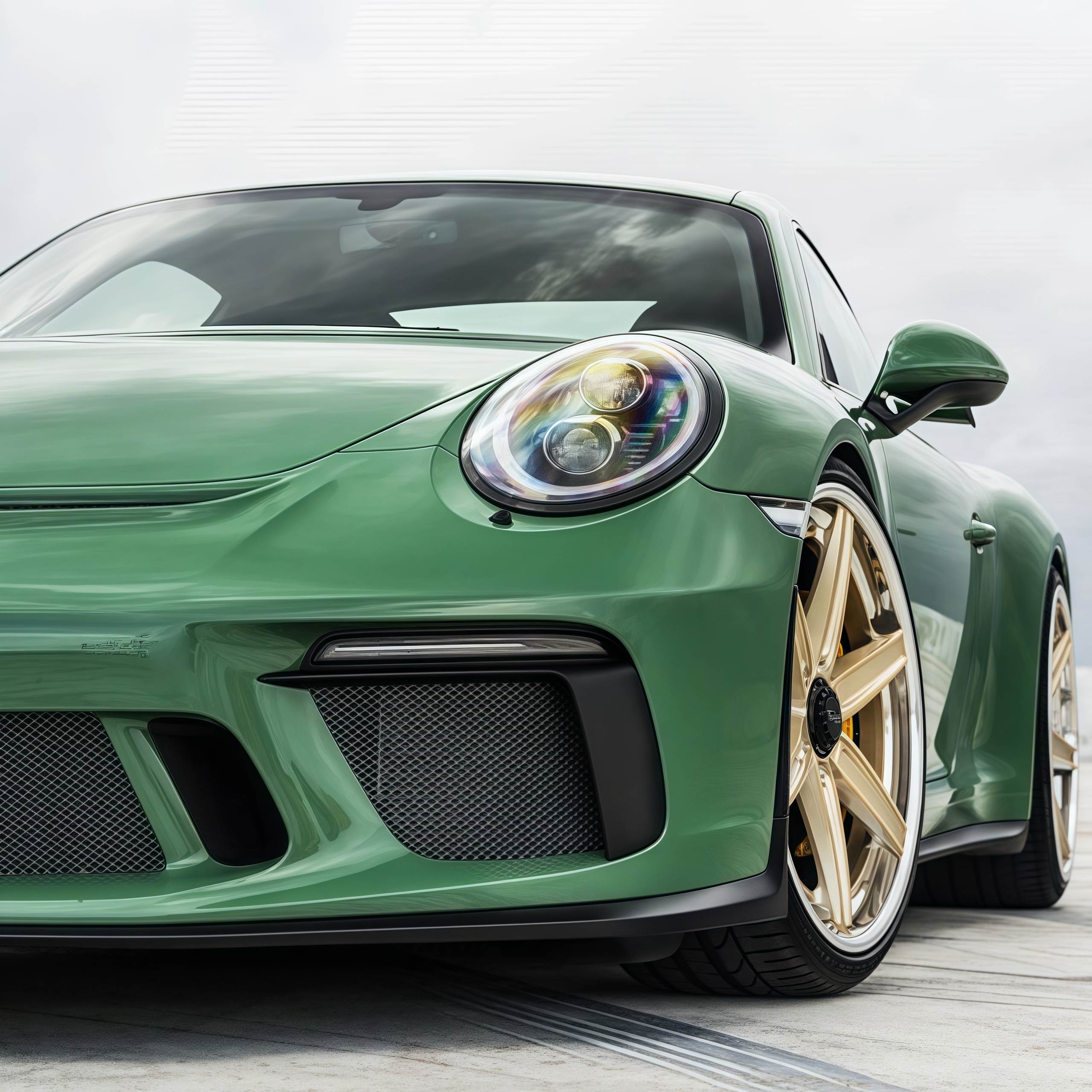 A sports car with Onium Green paint protection film colored wrap is parking in the garage