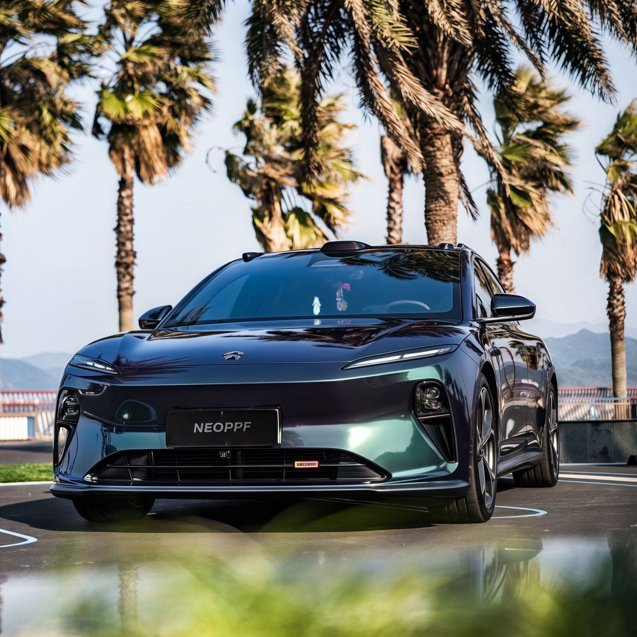A sports car with Diamond Aurora Green paint protection film colored wrap is parking in the garage