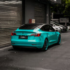 A sports car with Turquoise Blue paint protection film colored wrap is parking in the garage