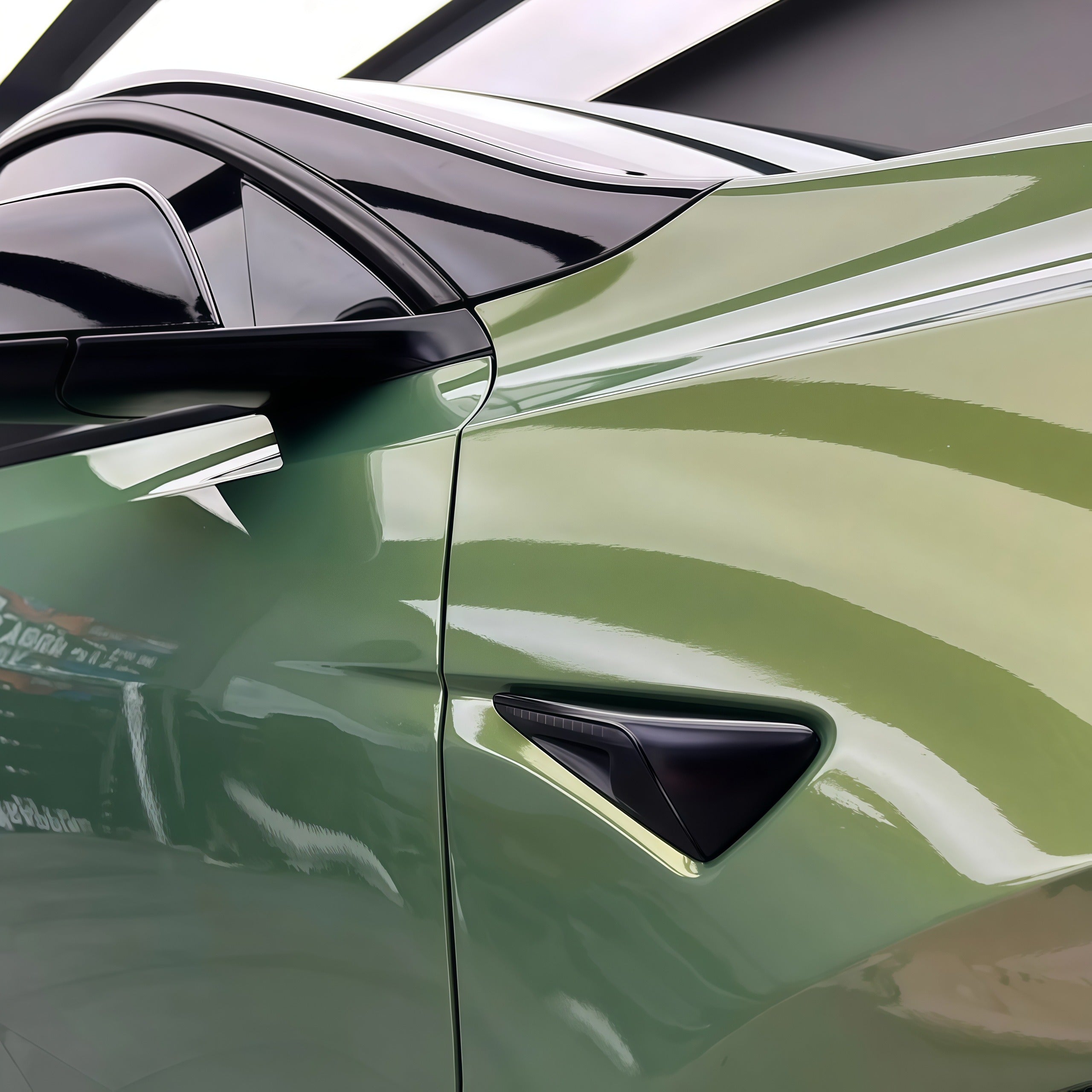 A sports car with Rainbow Emerald paint protection film colored wrap is parking in the garage