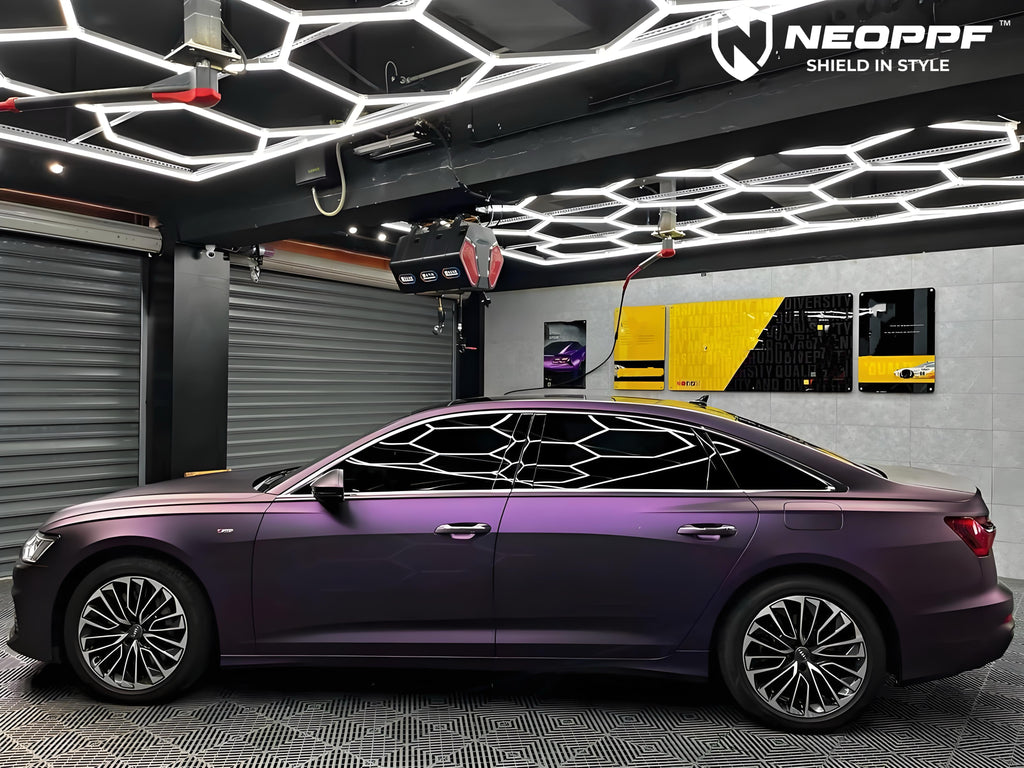 A sports car with Satin Pinot Noir Purple paint protection film colored wrap is parking in the garage