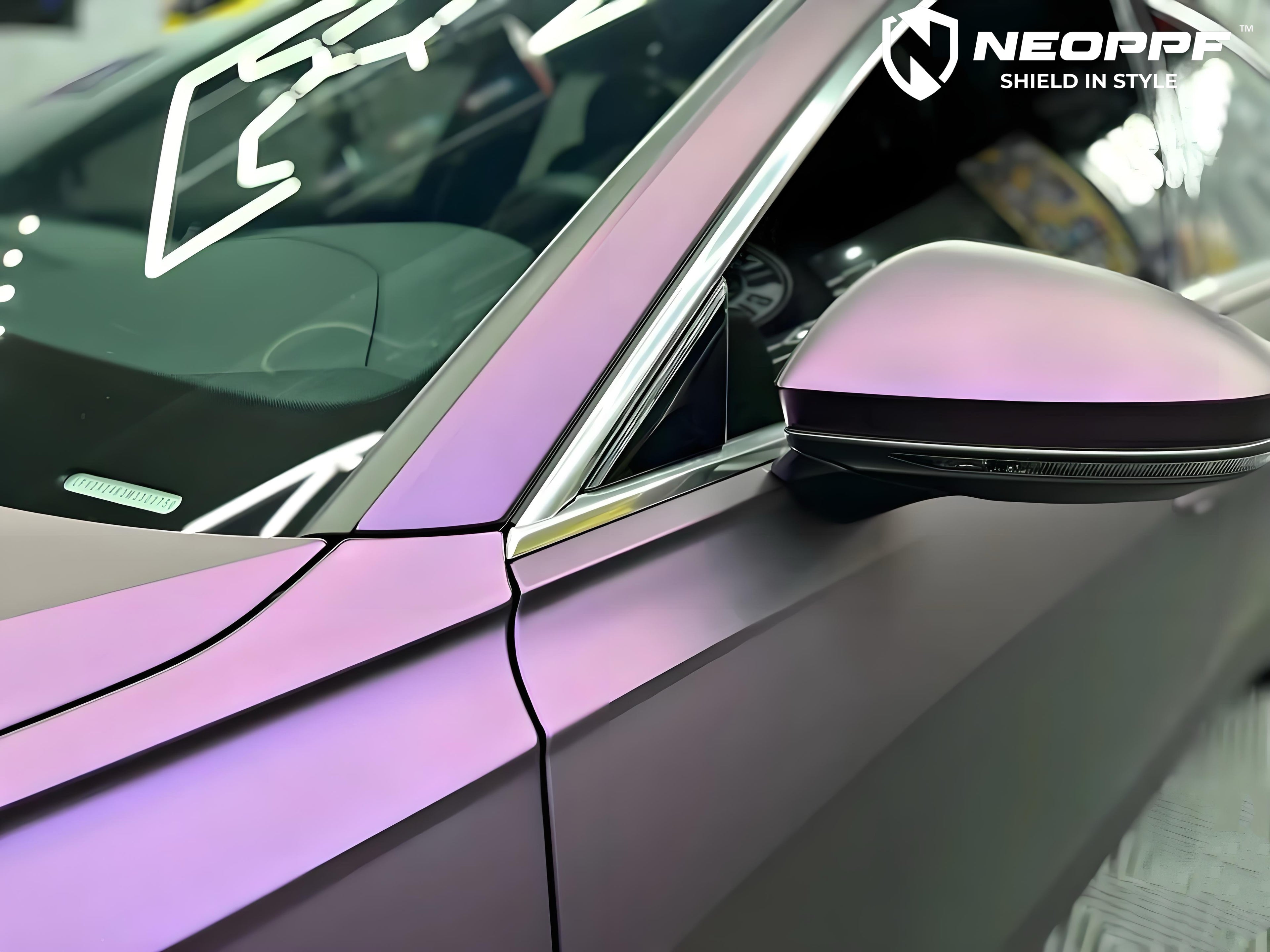 A sports car with Satin Pinot Noir Purple paint protection film colored wrap is parking in the garage