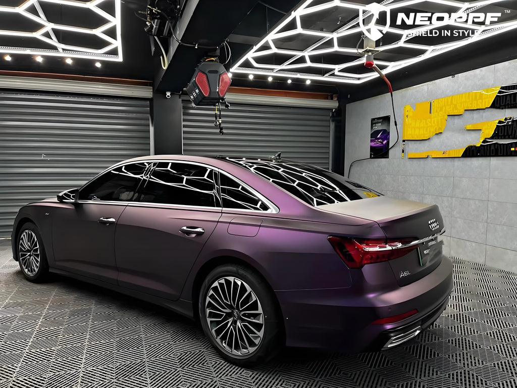 A sports car with Satin Pinot Noir Purple paint protection film colored wrap is parking in the garage