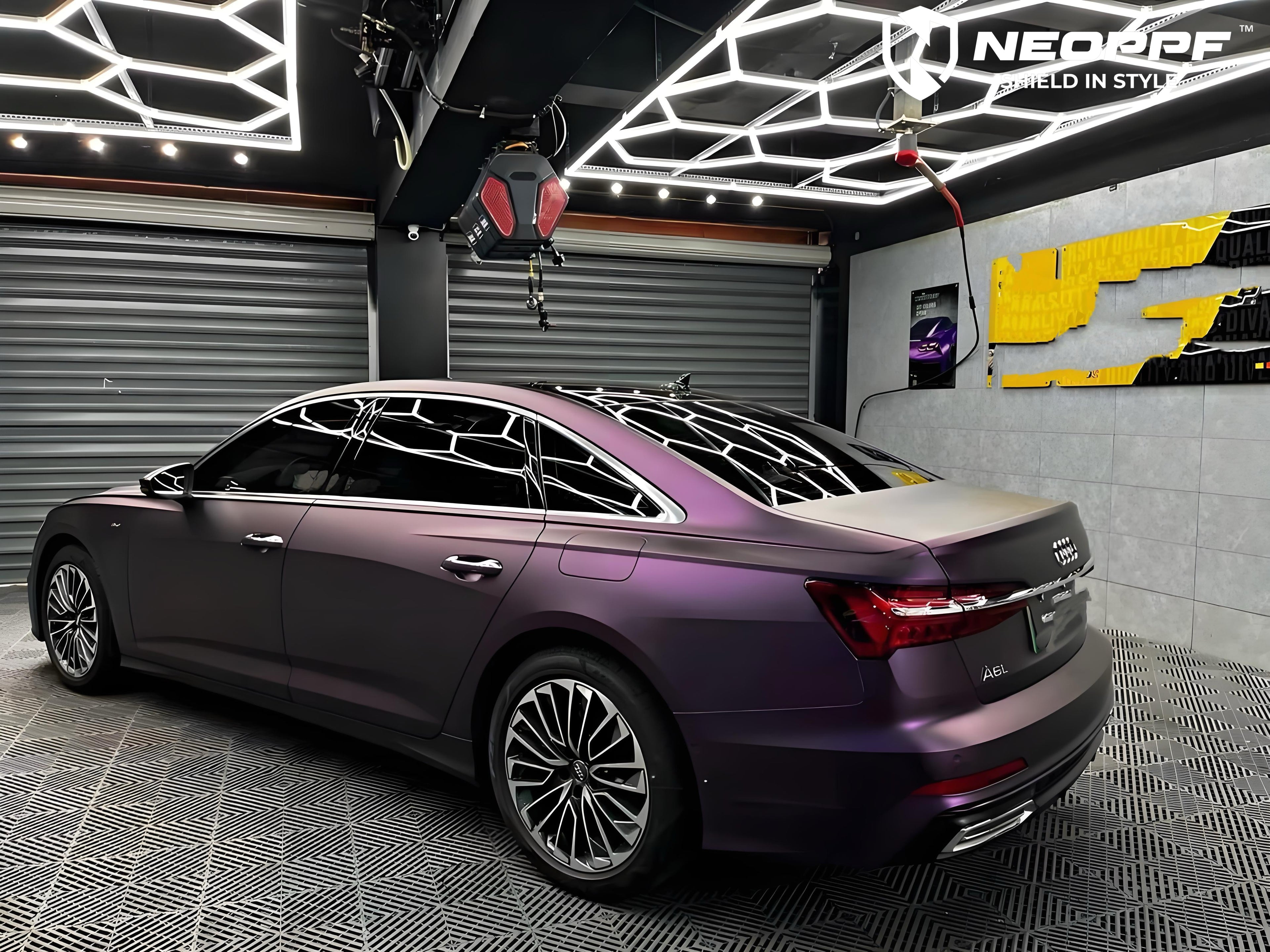 A sports car with Satin Pinot Noir Purple paint protection film colored wrap is parking in the garage