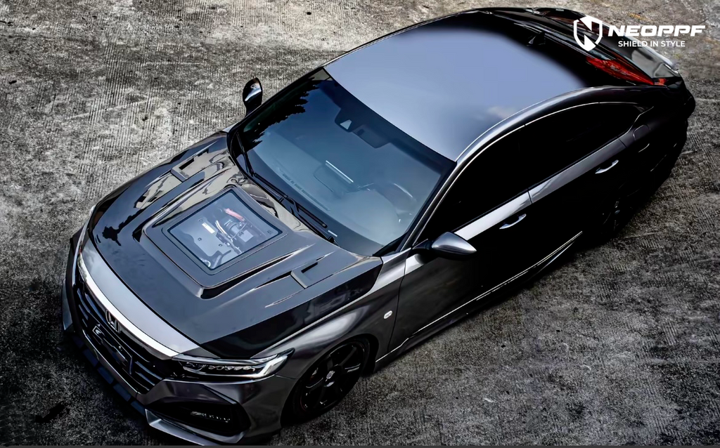A sports car with Matte Transparent Carbon Fiber paint protection film colored wrap is parking in the garage
