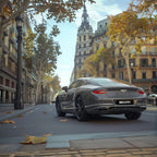 A sports car with Battleship Gray paint protection film colored wrap is parking in the garage